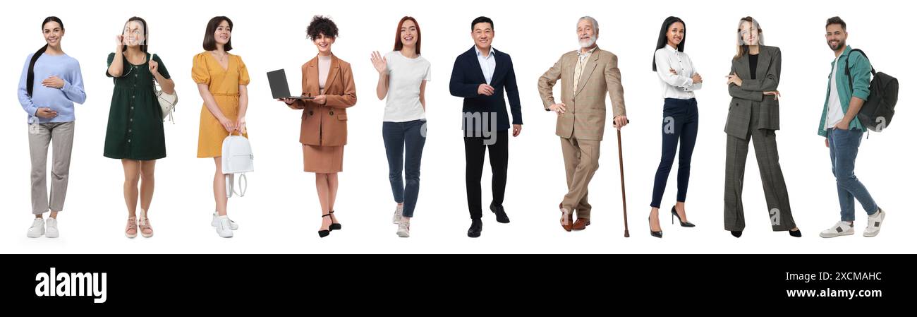 Groupe de différents hommes et femmes sur fond blanc Banque D'Images