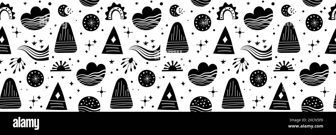 Modèle vectoriel d'art folklorique néo sans couture avec montagnes, lune et fleurs, design floral noir et blanc. Fond sans fin de style folklorique Neo parfait pour Illustration de Vecteur