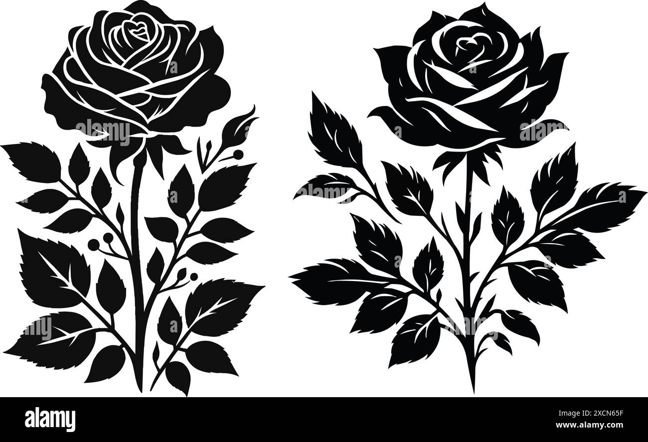 Ensemble de fleurs roses décoratives avec feuilles silhouette noire d'isolé sur un fond blanc Illustration de Vecteur