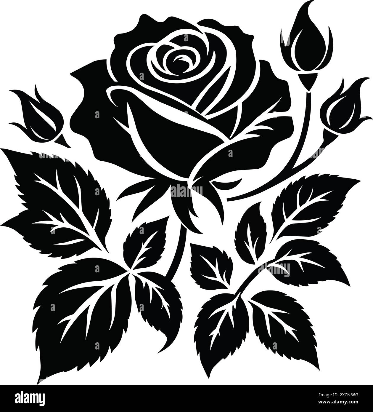 Ensemble de fleurs roses décoratives avec feuilles silhouette noire d'isolé sur un fond blanc Illustration de Vecteur