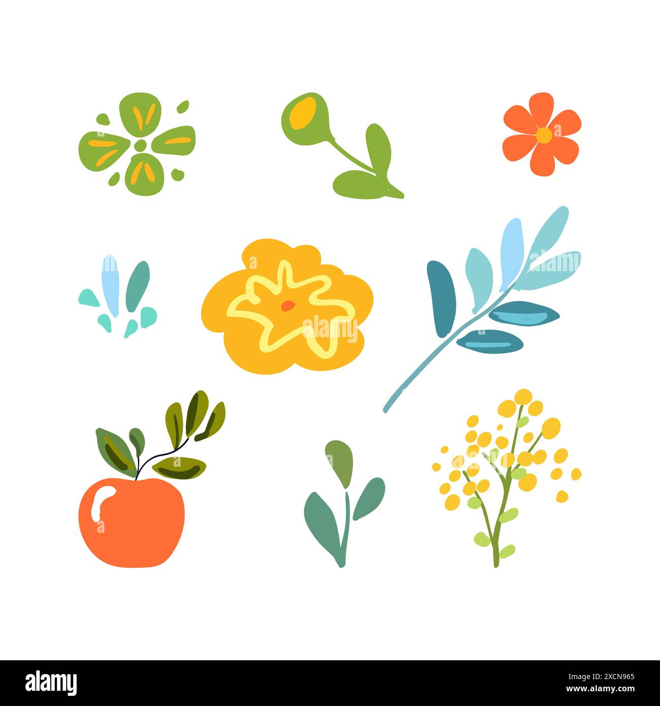 ensemble composé de branches minimalistes isolées, de fleurs et de feuilles délicates. Parfait pour l'impression, la décoration, l'impression d'affiches et la décoration intérieure. Illustration de Vecteur