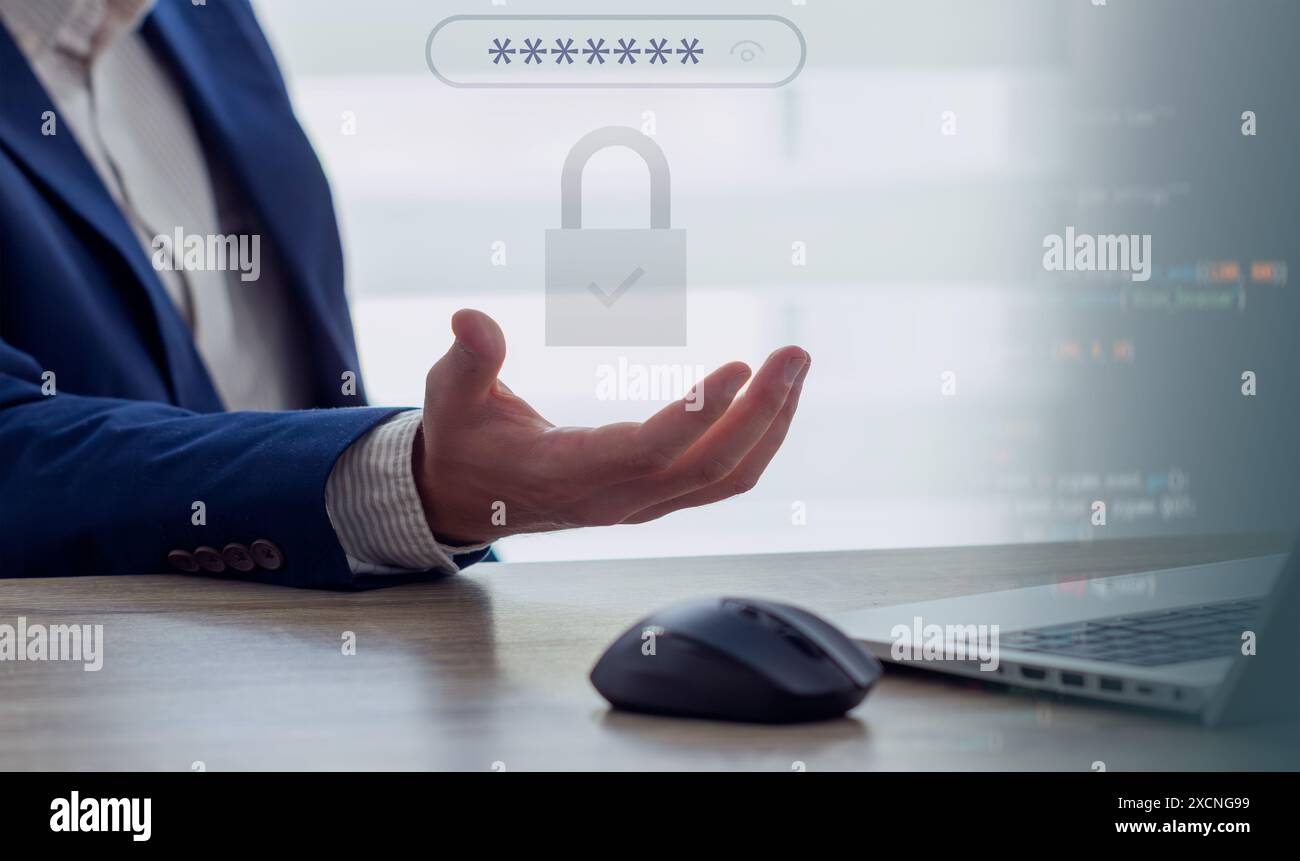 verrou virtuel sur la main d'un homme, champ pour entrer un mot de passe. concept de cybersécurité, accès aux informations personnelles Banque D'Images