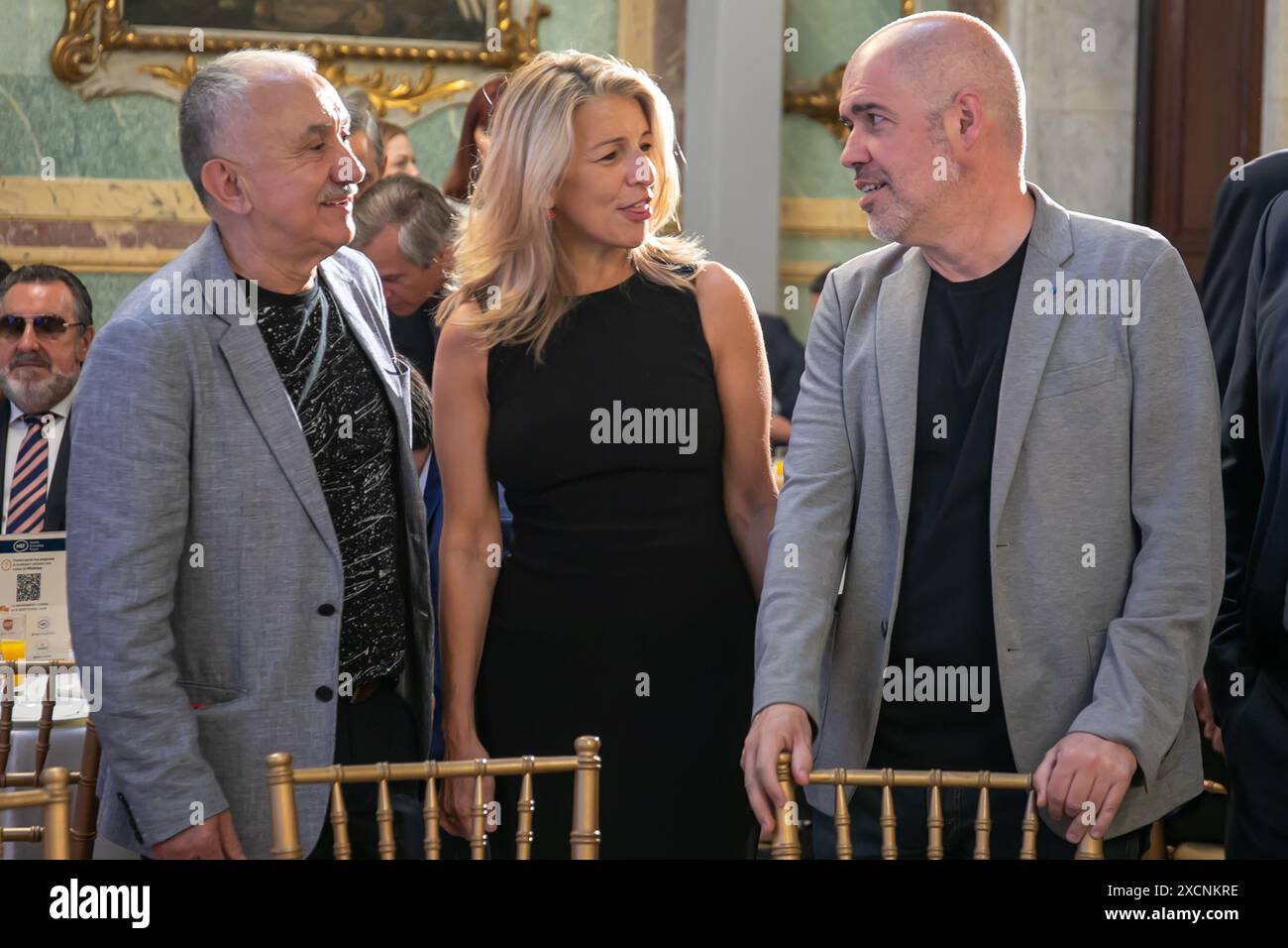 Madrid, Espagne. 17 juin 2024. Pepe Álvarez (G), secrétaire général du syndicat des travailleurs de l'UGT, Yolanda Diaz (C), ministre du travail du gouvernement espagnol et Unai Sordo (d), secrétaire général des commissions des travailleurs, lors d'un petit déjeuner d'information ce matin à Madrid. Crédit : D. Canales Carvajal/Alamy Live News Banque D'Images