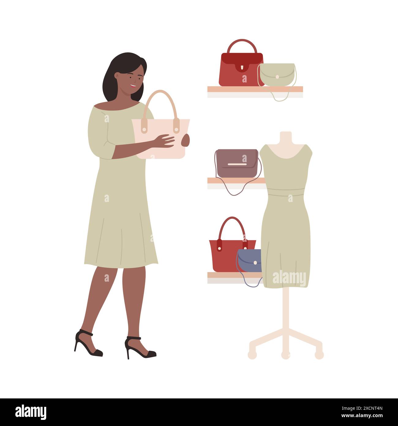 Femme achetant sac dans le magasin d'accessoires de mode, fille shopaholic sur l'illustration vectorielle d'achat Illustration de Vecteur