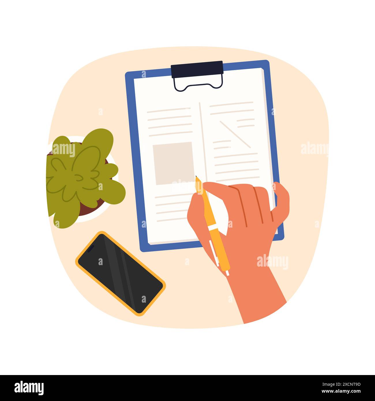 Mains de la personne écrivant le texte sur la feuille blanche de papier sur le presse-papiers, illustration vectorielle de vue de dessus Illustration de Vecteur