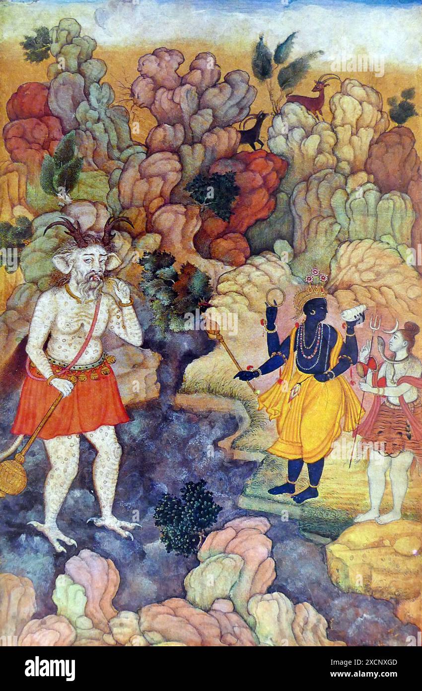 Peinture représentant Vishnu et Shiva debout par un torrent d'où apparaît un monstre démon. En date du 17e siècle Banque D'Images