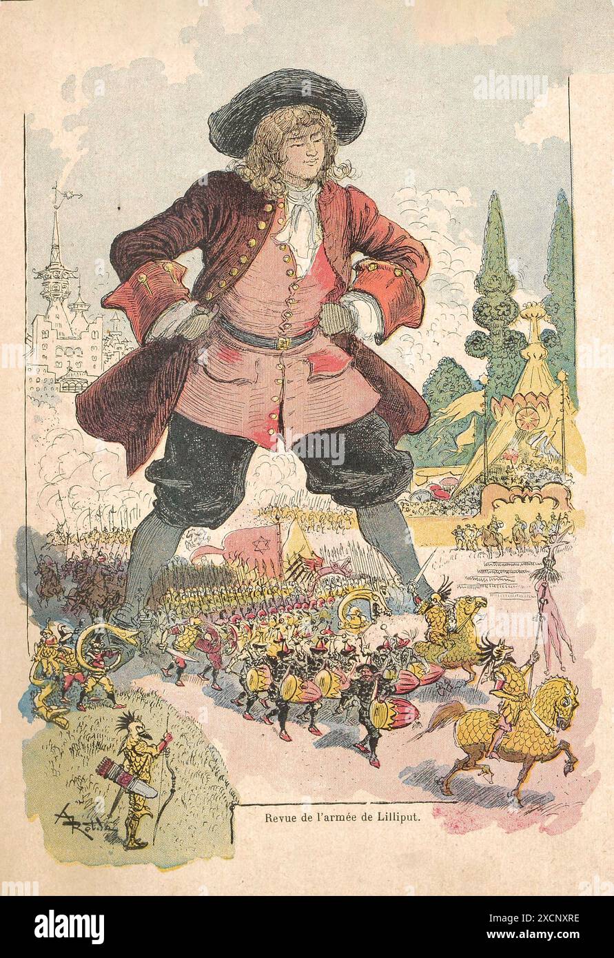 Un voyage à Lilliput. Revue militaire de l'armée Lilliput : les soldats Lilliputiens passent entre les jambes de Gulliver. Illustration par Albert Robida des voyages Gulliver de Jonathan Swift. 1933 édition française, éditeur Henri Laurens. Banque D'Images
