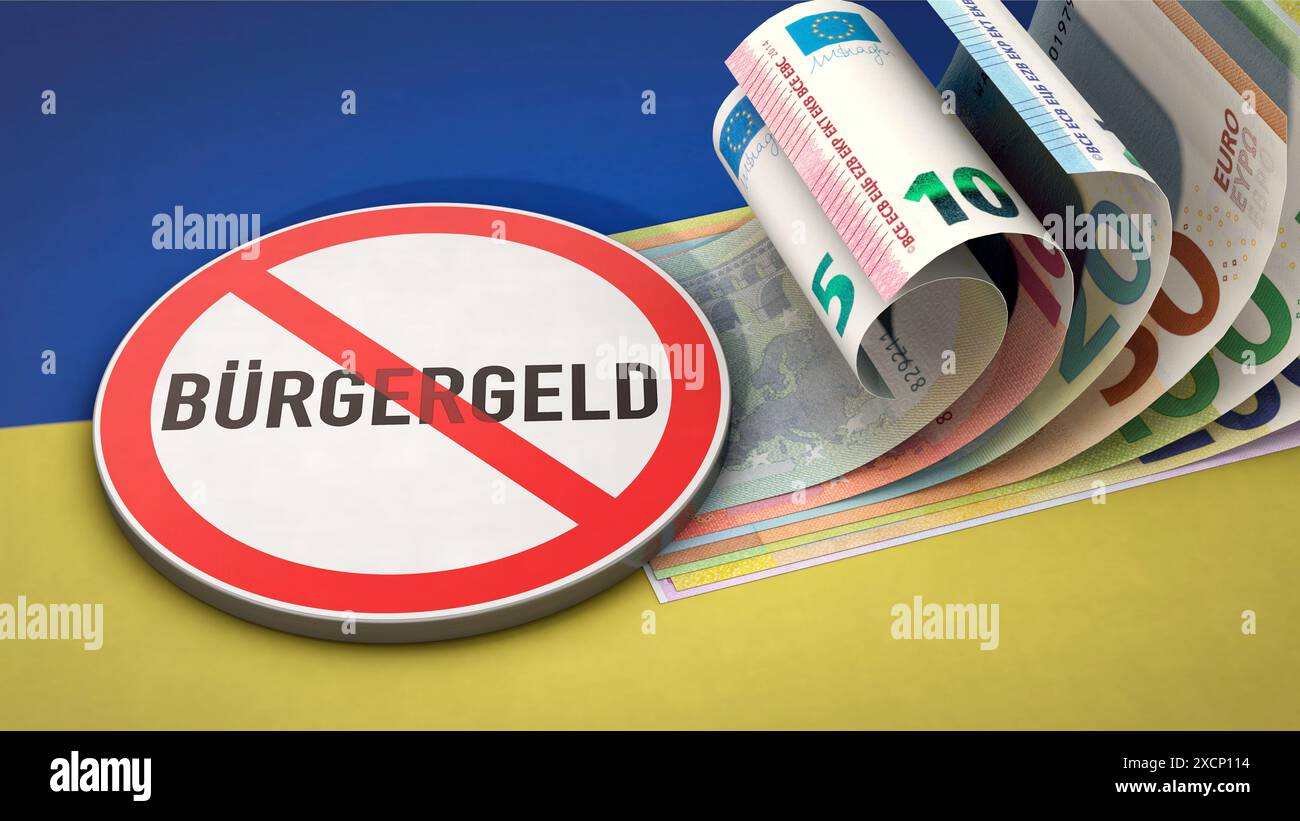 Signe avec le mot allemand 'Buergergeld' (revenu des citoyens) se trouve sur les billets de banque en euros et le drapeau de l'Ukraine - plus d'allocation de citoyen pour les Ukrainiens en Allemagne Banque D'Images