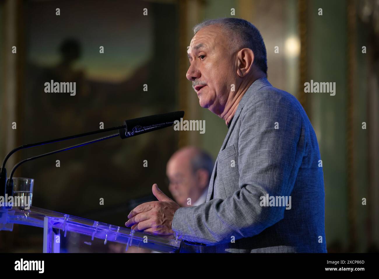 Pepe Álvarez, secrétaire général du syndicat des travailleurs de l’UGT, s’exprime lors d’un petit-déjeuner informatif ce matin à Madrid. Petit déjeuner informatif organisé par Nueva Economia Forum avec la participation de Pepe Álvarez, Secrétaire général du syndicat des travailleurs de l’UGT au Real Casino Gran Círculo à Madrid. Banque D'Images