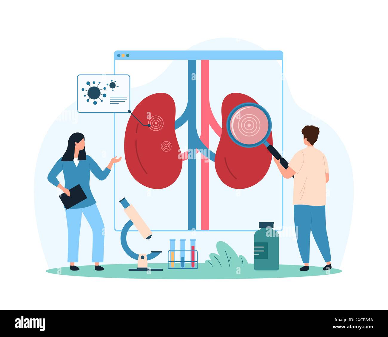 Examen des reins et du système urinaire pour l'infection, sensibilisation à la pyélonéphrite et cystite. De minuscules personnes avec la loupe examinent les reins humains pour l'illustration vectorielle de dessins animés de virus Illustration de Vecteur