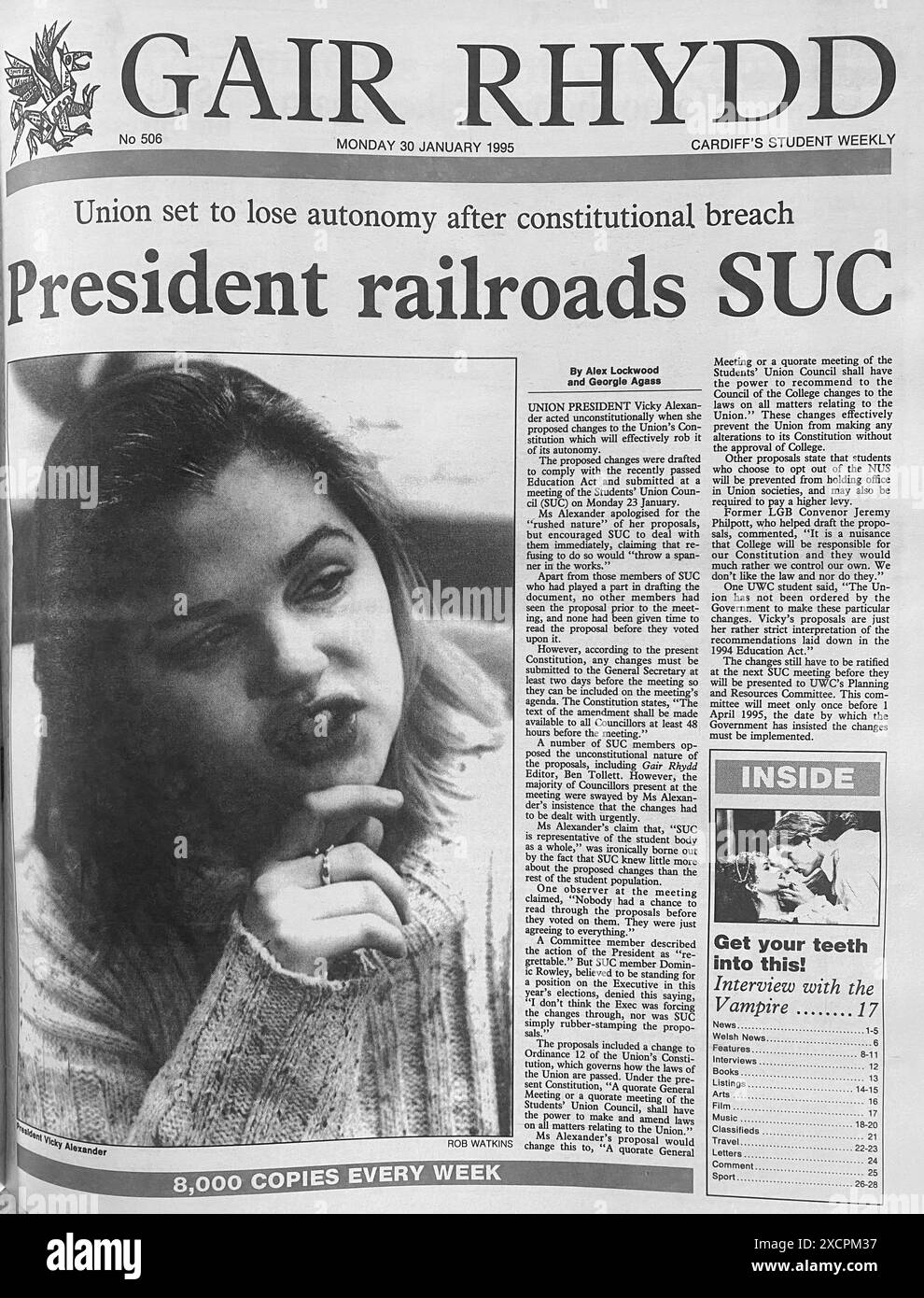 PHOTOS DE DOSSIER – CARDIFF, PAYS DE GALLES, Royaume-Uni - JANVIER 30 1995 : collectionnez l'image de la présidente de l'Union Vicky Alexander en première page dans le journal étudiant de Cardiff Gair Rhydd. INFO : Vicky Alexander – Victoria Alexander, maintenant Lady Victoria Starmer – a fait partie de l’équipe de direction du Syndicat des étudiants de l’Université de Cardiff en tant qu’agente de l’éducation et du bien-être social (1993-94) et présidente (1994-95). Il peut y avoir des imperfections dans ce négatif d'archive vieux de 30 ans. Photo : Rob Watkins/Alamy Live News Banque D'Images