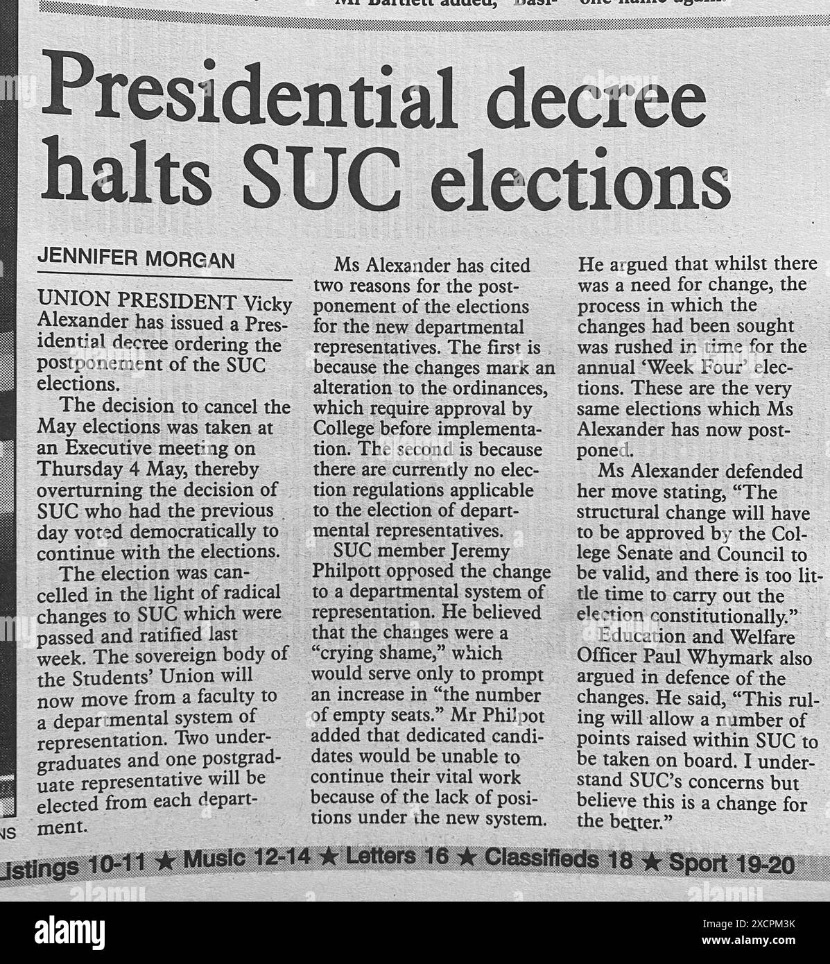PHOTOS DE DOSSIER – CARDIFF, PAYS DE GALLES, Royaume-Uni - 8 MAI 1995 : collectionnez l'image de la présidente de l'Union Vicky Alexander en première page dans le journal étudiant de Cardiff Gair Rhydd. INFO : Vicky Alexander – Victoria Alexander, maintenant Lady Victoria Starmer – a fait partie de l’équipe de direction du Syndicat des étudiants de l’Université de Cardiff en tant qu’agente de l’éducation et du bien-être social (1993-94) et présidente (1994-95). Il peut y avoir des imperfections dans ce négatif d'archive vieux de 30 ans. Photo : Rob Watkins/Alamy Live News Banque D'Images