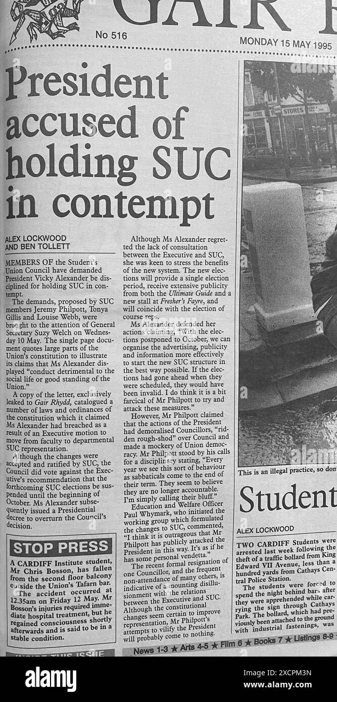 PHOTOS – CARDIFF, PAYS DE GALLES, Royaume-Uni - 15 MAI 1995 : collectionnez l'image de la présidente de l'Union Vicky Alexander en première page dans le journal étudiant de Cardiff Gair Rhydd. INFO : Vicky Alexander – Victoria Alexander, maintenant Lady Victoria Starmer – a fait partie de l’équipe de direction du Syndicat des étudiants de l’Université de Cardiff en tant qu’agente de l’éducation et du bien-être social (1993-94) et présidente (1994-95). Il peut y avoir des imperfections dans ce négatif d'archive vieux de 30 ans. Photo : Rob Watkins/Alamy Live News Banque D'Images