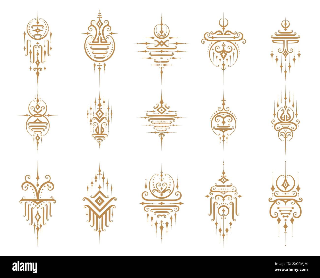 Symboles thaïlandais orientaux sacrés, motifs dorés traditionnels vectoriels. Décorations religieuses et culturelles, reflétant le riche patrimoine artistique de la Thaïlande, la profondeur spirituelle et représentant le chemin de l'illumination Illustration de Vecteur