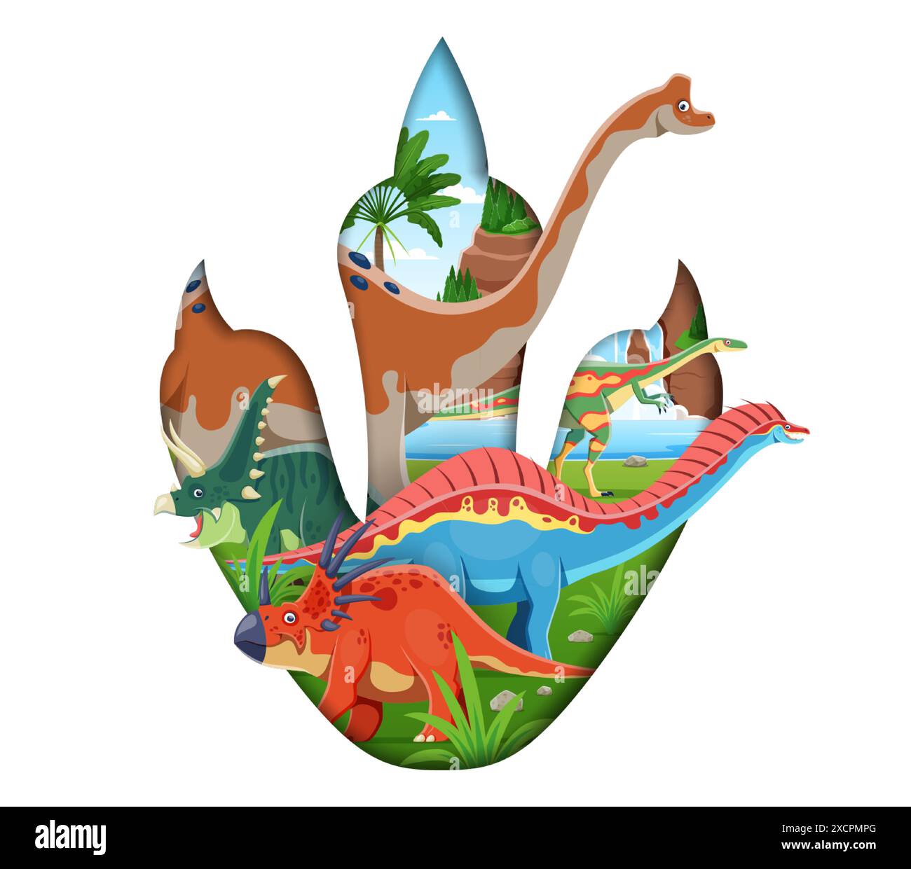Empreinte de dinosaure préhistorique avec des personnages drôles de dinosaure. Papier coupé 3d vecteur cadre de patte en rempli de styrocasaurus, chasmosaurus, amargasaurus, elaphosaurs et pelorosaurus au paysage jurassique Illustration de Vecteur