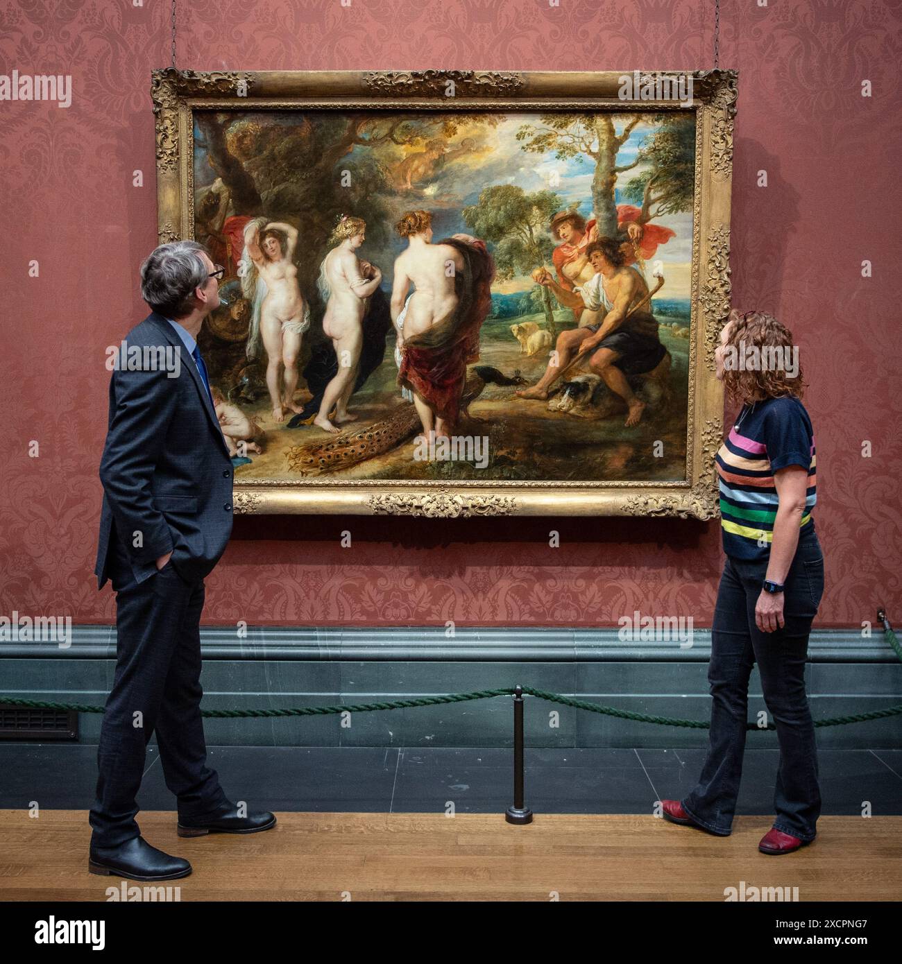 Londres, Angleterre, Royaume-Uni. 18 juin 2024. Après une restauration de 14 mois effectuée dans le département de conservation de la Galerie, le jugement de Paris de Rubens (probablement 1632'''5) revient au public le 18 juin 2024. Ce chef-d'œuvre, peint par Peter Paul Rubens (1577'''1640) dans la dernière décennie de sa vie, représente Paris faisant son choix entre les déesses Vénus, Minerve et Junon. La restauration révèle de nouvelles découvertes sur cette pièce importante au sein de la collection de la Galerie nationale. (Crédit image : © Thomas Krych/ZUMA Press Wire) USAGE ÉDITORIAL SEULEMENT! Pas pour Commerc Banque D'Images