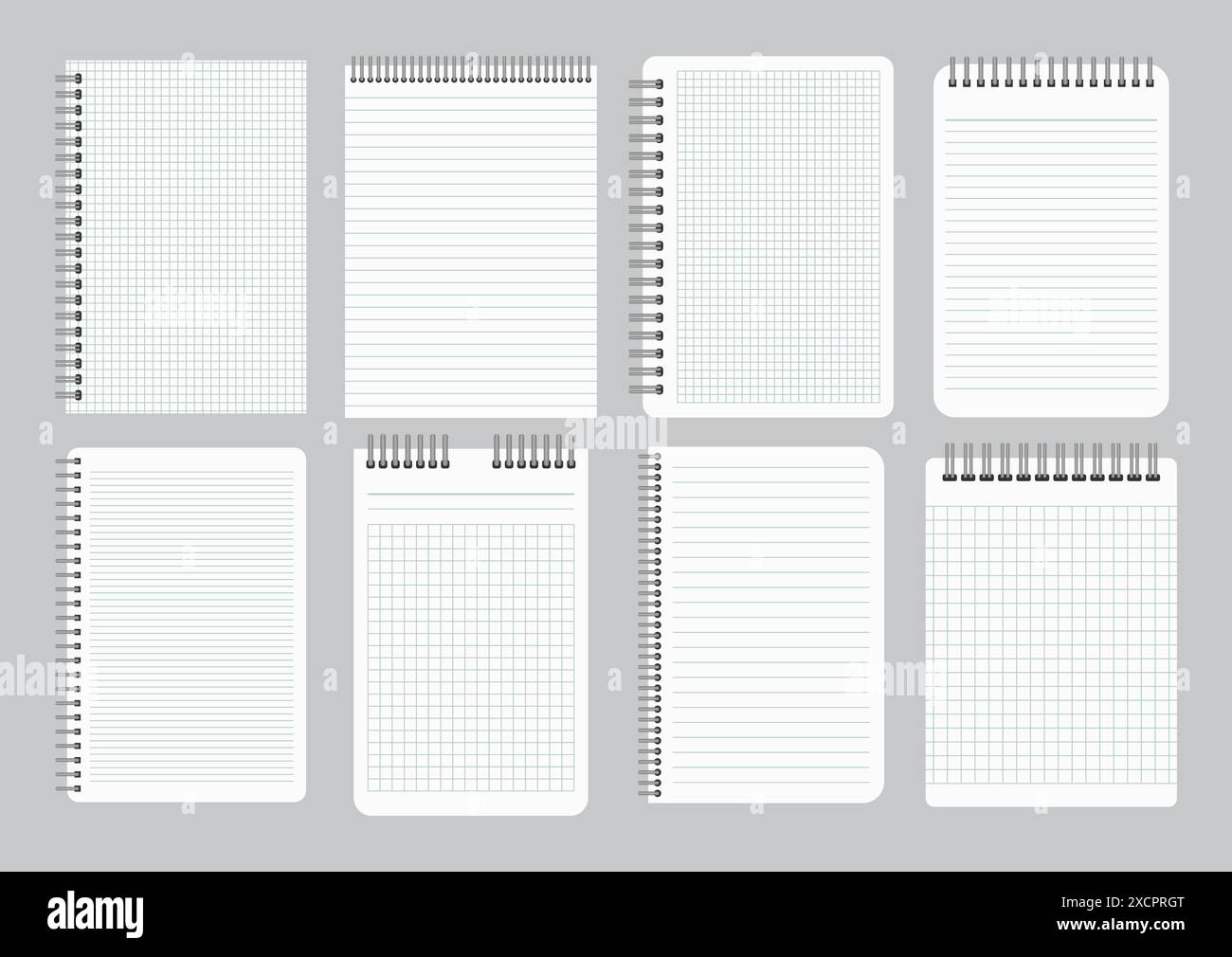 Blocs-notes avec papier à carreaux et lignes vides avec spirale en fer à relier. Ensemble de huit feuilles de cahiers. Illustration vectorielle Illustration de Vecteur