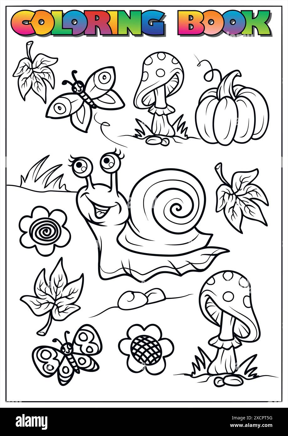 Illustration en noir et blanc d'un escargot et d'éléments d'automne pour une activité de coloration Illustration de Vecteur