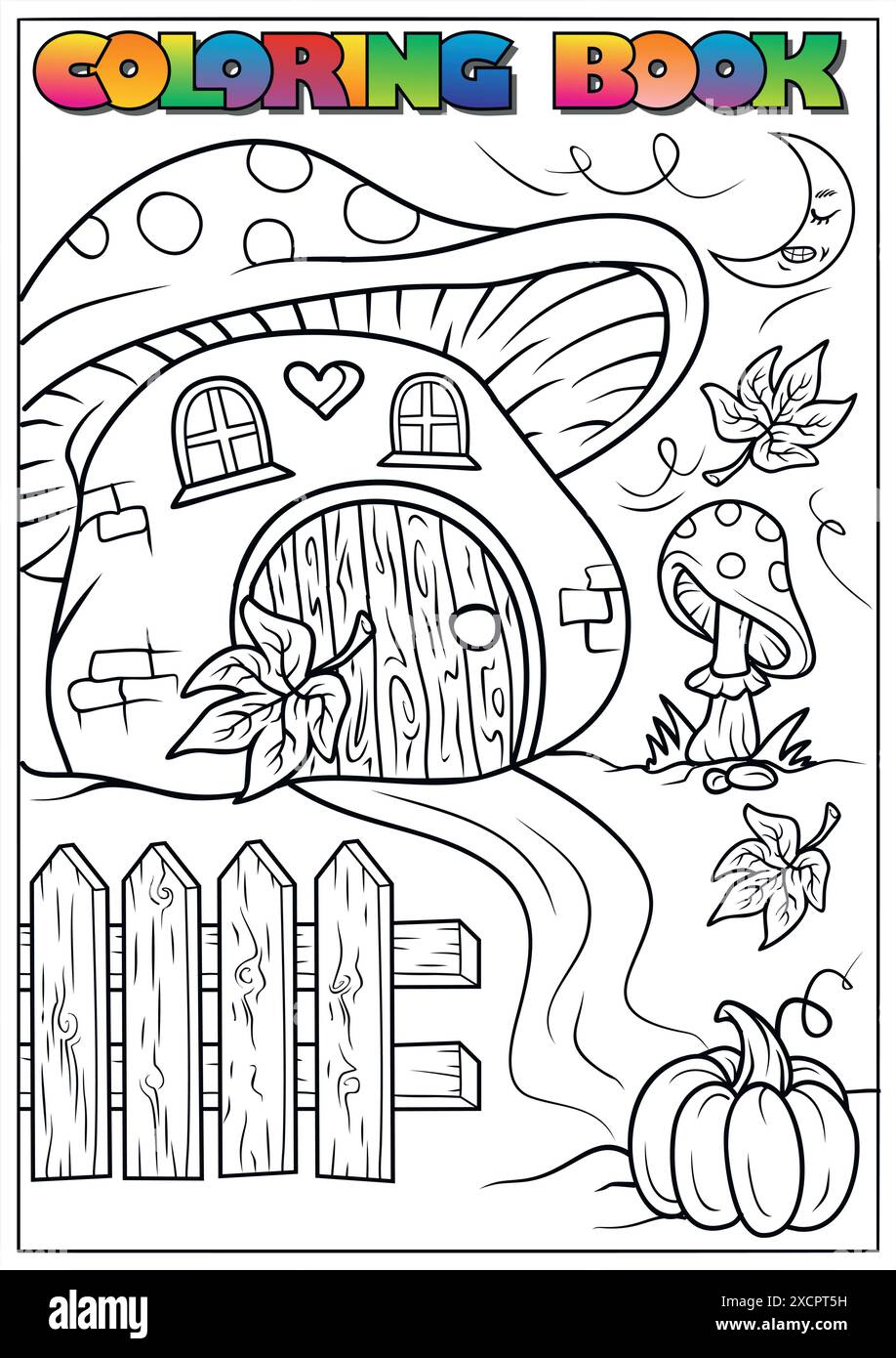 Coloriage montrant une charmante maison de champignons avec une clôture, citrouille et ruisseau. Illustration de Vecteur