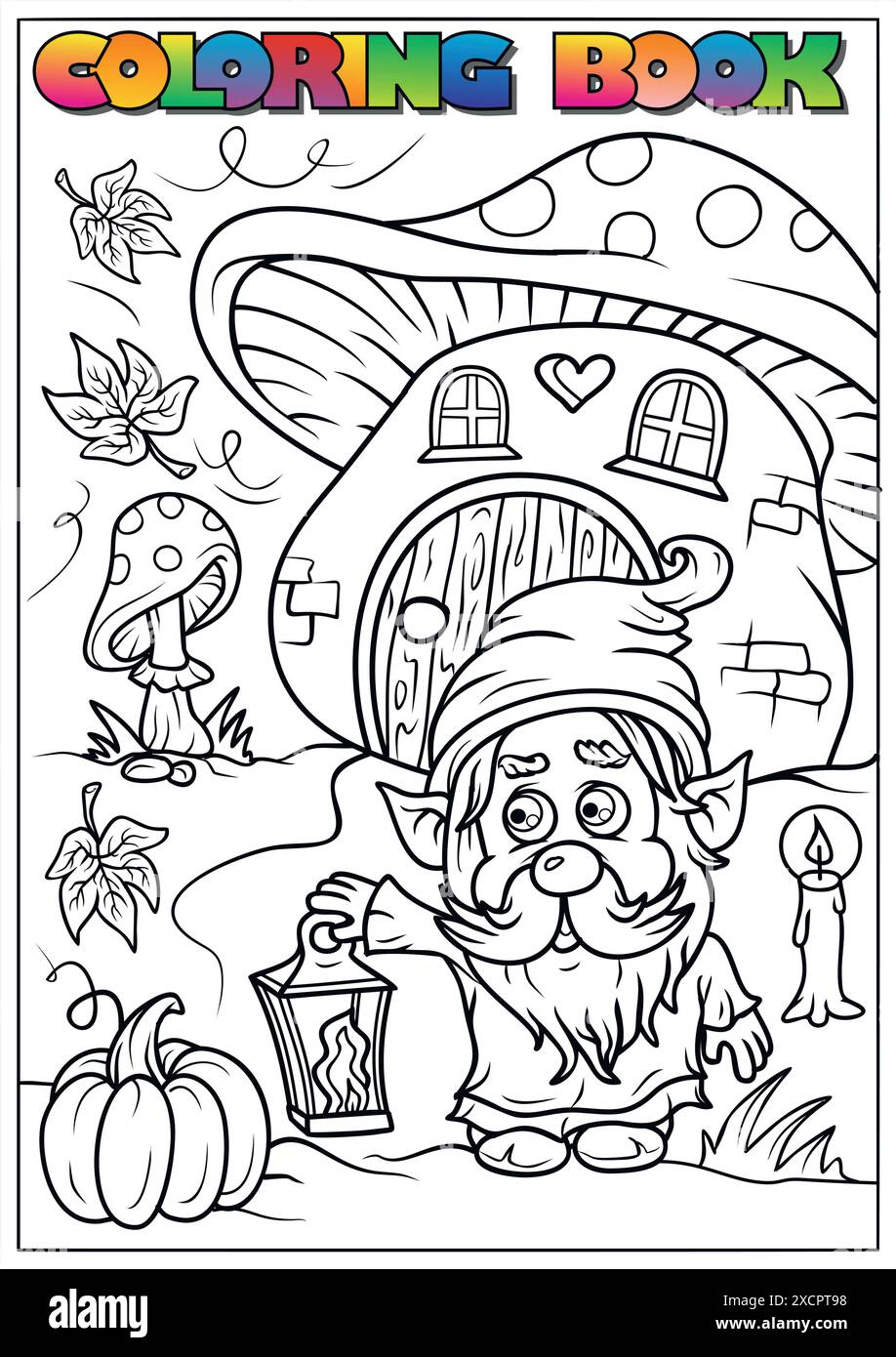 Illustration en noir et blanc d'un gnome tenant une lanterne debout près d'une maison de champignons pour un livre d'activités de coloriage Illustration de Vecteur