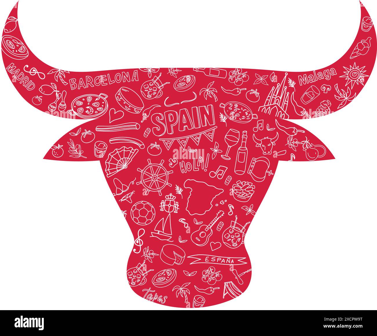 Icônes espagnoles sur silhouette de taureau rouge. Dessin de clip vectoriel dessiné à la main Illustration de Vecteur