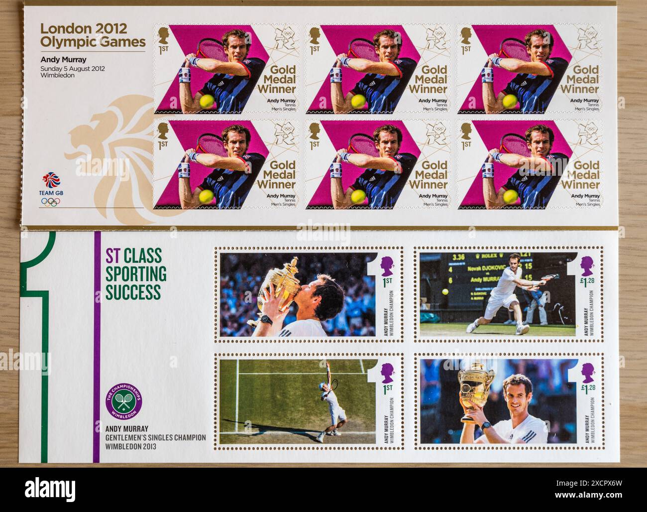 Timbres à la menthe Royal mail commémorant Andy Murray vainqueur des Jeux Olympiques 2012 et Wimbledon 2013, Royaume-Uni Banque D'Images