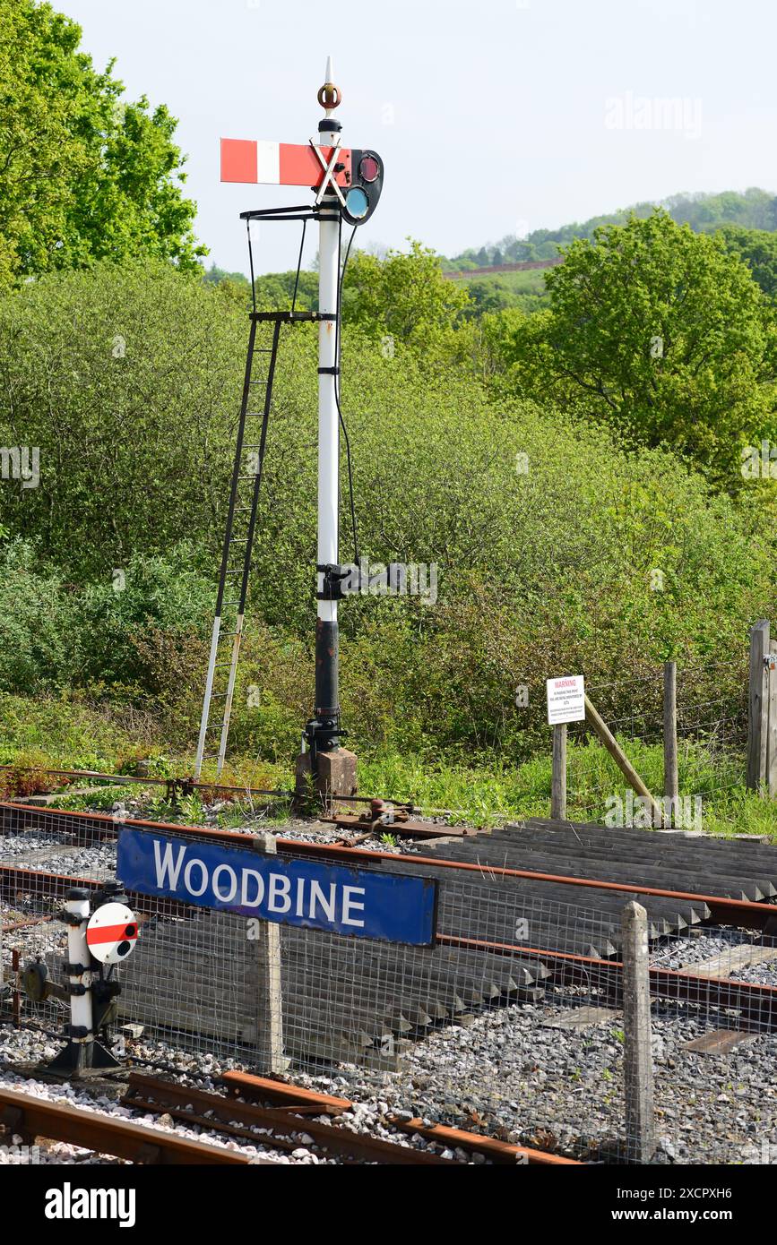 Un signal sémaphore du quadrant inférieur et un signal de dérivation au sol à la station Totnes Riverside sur le South Devon Railway. Banque D'Images