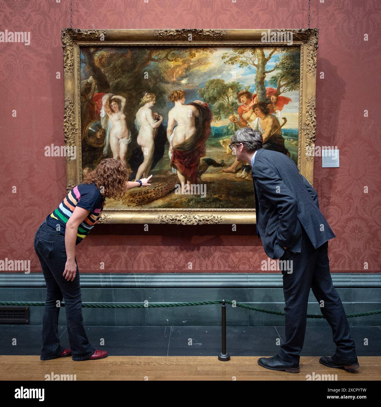 Londres, Angleterre, Royaume-Uni. 18 juin 2024. Après une restauration de 14 mois effectuée dans le département de conservation de la Galerie, le jugement de Paris de Rubens revient au public le 18 juin 2024. Ce chef-d'œuvre, peint par Pierre Paul Rubens (1577-1640) dans la dernière décennie de sa vie, représente Paris faisant son choix entre les déesses Vénus, Minerve et Junon. La restauration révèle de nouvelles découvertes sur cette pièce importante au sein de la collection de la Galerie nationale. (Crédit image : © Thomas Krych/ZUMA Press Wire) USAGE ÉDITORIAL SEULEMENT! Non destiné à UN USAGE commercial ! Banque D'Images