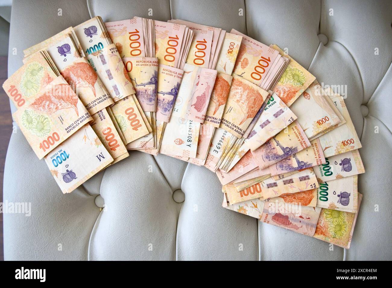 Le taux d'inflation mensuel de l'Argentine en mai a été le plus bas depuis 2022, mais le rat de change pour des dollars est une énorme quantité de Pasos 90 574 pour U$S100.00 Banque D'Images