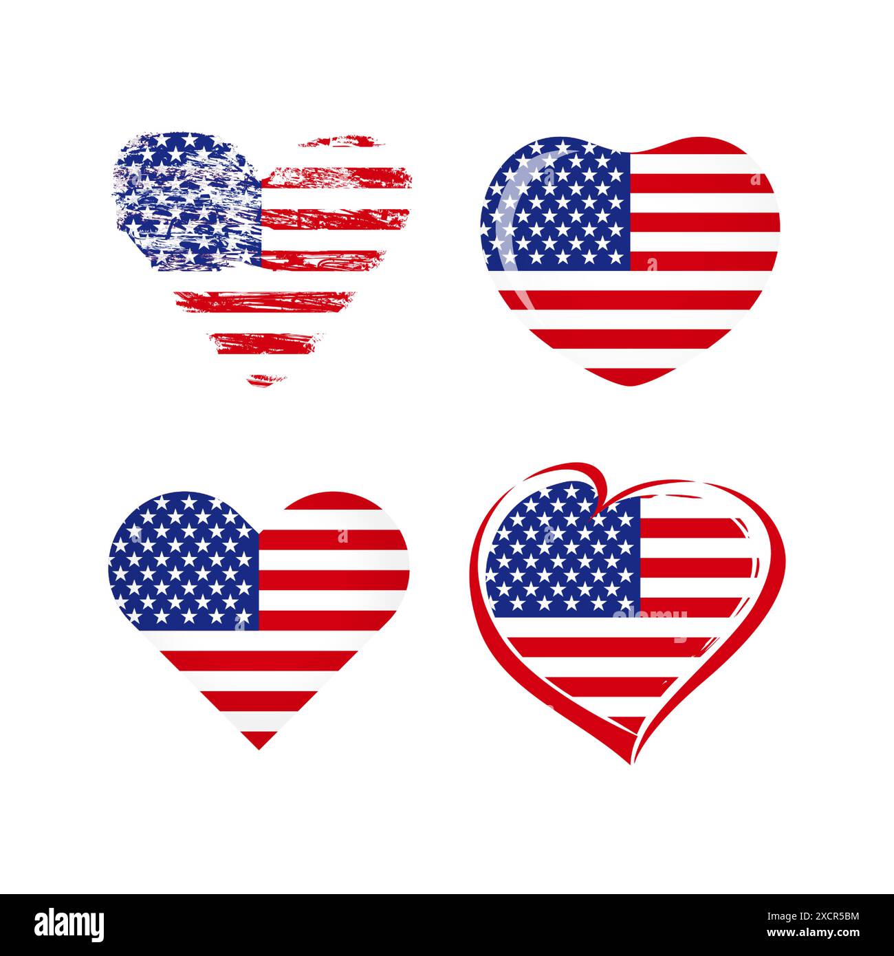 Cœurs isolés. Collection de formes créatives avec drapeau américain. Icônes vacances. Ensemble d'éléments pour les congrats du jour de l'indépendance des États-Unis. Logo cadeau Illustration de Vecteur