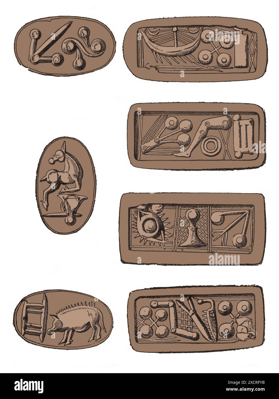 A gauche, symboles sur trois côtés de la cornaline. A droite, symboles sur la pierre à quatre côtés. La Crète était autrefois le centre de la civilisation minoenne (2700-1420 av. J.-C.), qui Banque D'Images
