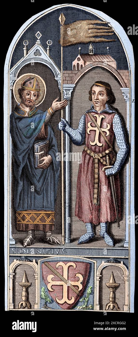 Saint Denis comme archevêque de Paris (3e siècle) présentant un étendard à un croisé, peut-être Godefrey de Bouillon (1060-1100). Gravure. Banque D'Images