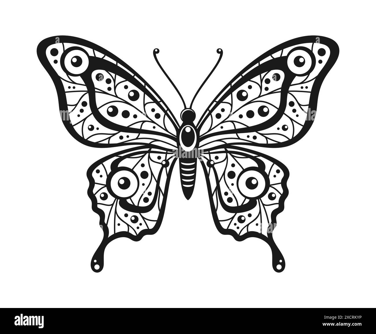 Papillon noir et blanc avec un motif de lignes et de cercles sur les ailes, isolé sur un fond blanc. Illustration vectorielle Illustration de Vecteur