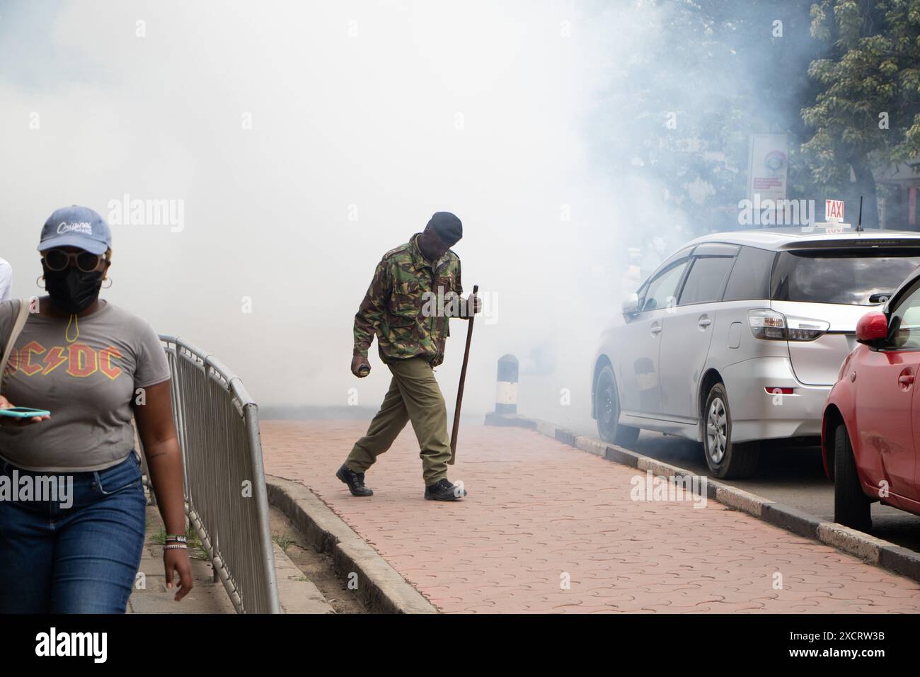 Nairobi, Kenya. 18 juin 2024. Un policier anti-émeute passe devant un nuage de fumée provenant d’une cartouche lacrymogène lors d’une manifestation contre le projet de loi de finances 2024 dans les rues de Nairobi. Le projet de loi propose plusieurs nouvelles taxes, dont une taxe de circulation sur les véhicules automobiles, une taxe sur les transferts de fonds, une taxe écologique et des droits d'accise sur le pain et l'huile de cuisson. La manifestation baptisée #RejectTheFinanceBill2024 a lieu alors que le projet de loi est déposé, avec des manifestants exhortant les membres du parlement à rejeter les dispositions litigieuses. Crédit : SOPA images Limited/Alamy Live News Banque D'Images