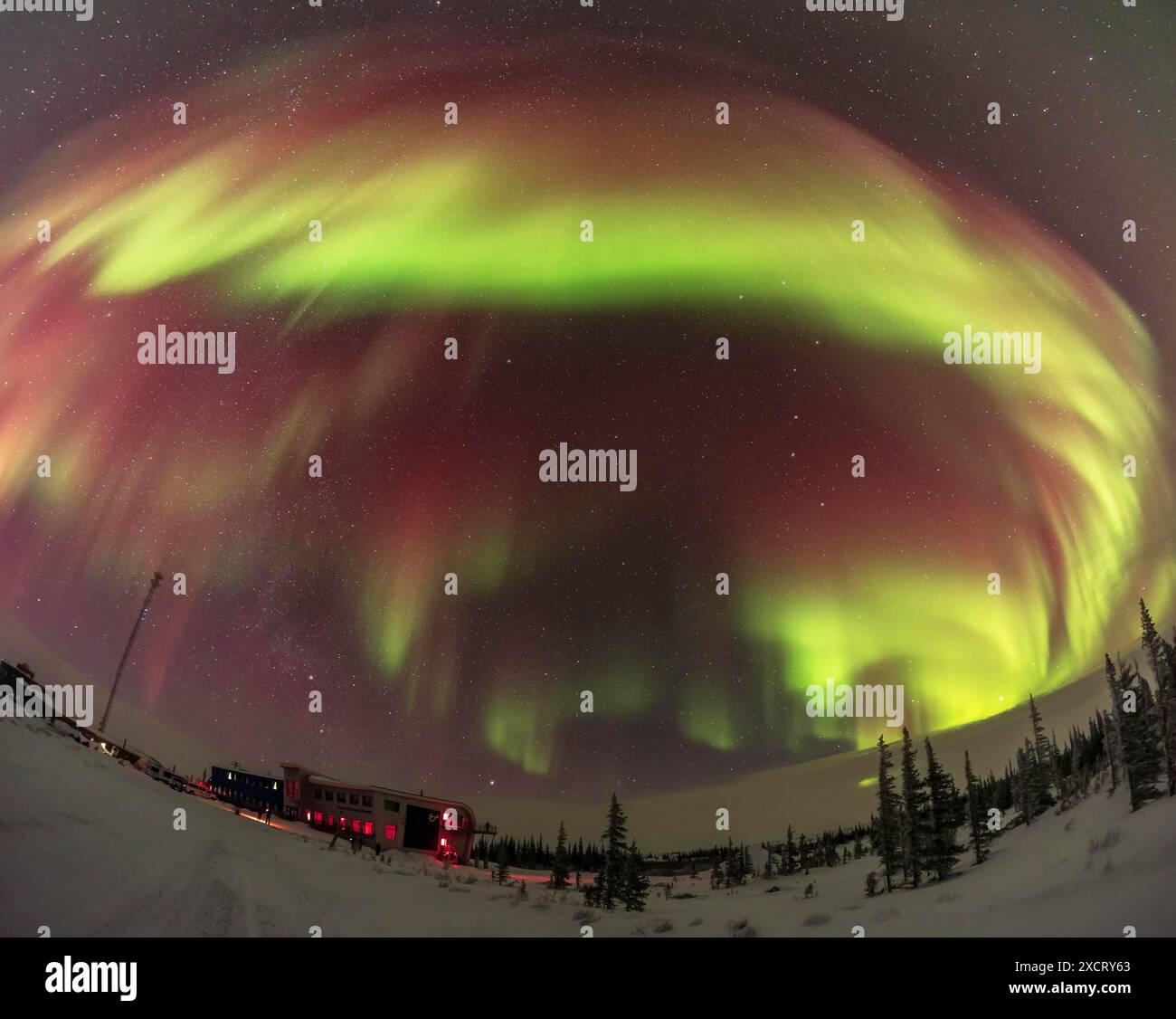 Il s'agit d'un panorama vertical en deux segments de l'aurore qui remplit le ciel du 10 février 2024, vu et tourné depuis le Centre d'études nordiques de Churchill, i. Banque D'Images