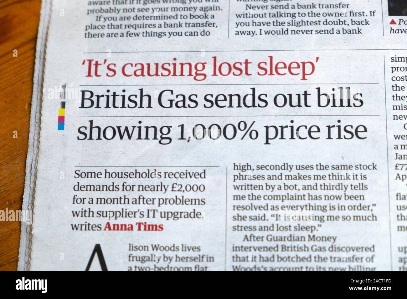 « C'est à l'origine d'une perte de sommeil » « British Gas envoie des factures affichant une hausse de prix de 1 000 % » titre du journal Guardian coût de l'énergie 8 juin 2024 Londres Royaume-Uni Banque D'Images