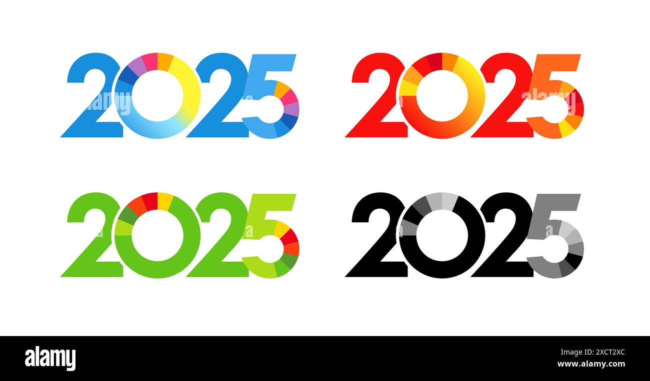 Ensemble de numéros créatifs colorés 2025. Icônes de bonne année. Concept de logo pour l'exercice fiscal 2025. Modèle bleu, rouge, vert, noir et blanc. Collection Illustration de Vecteur