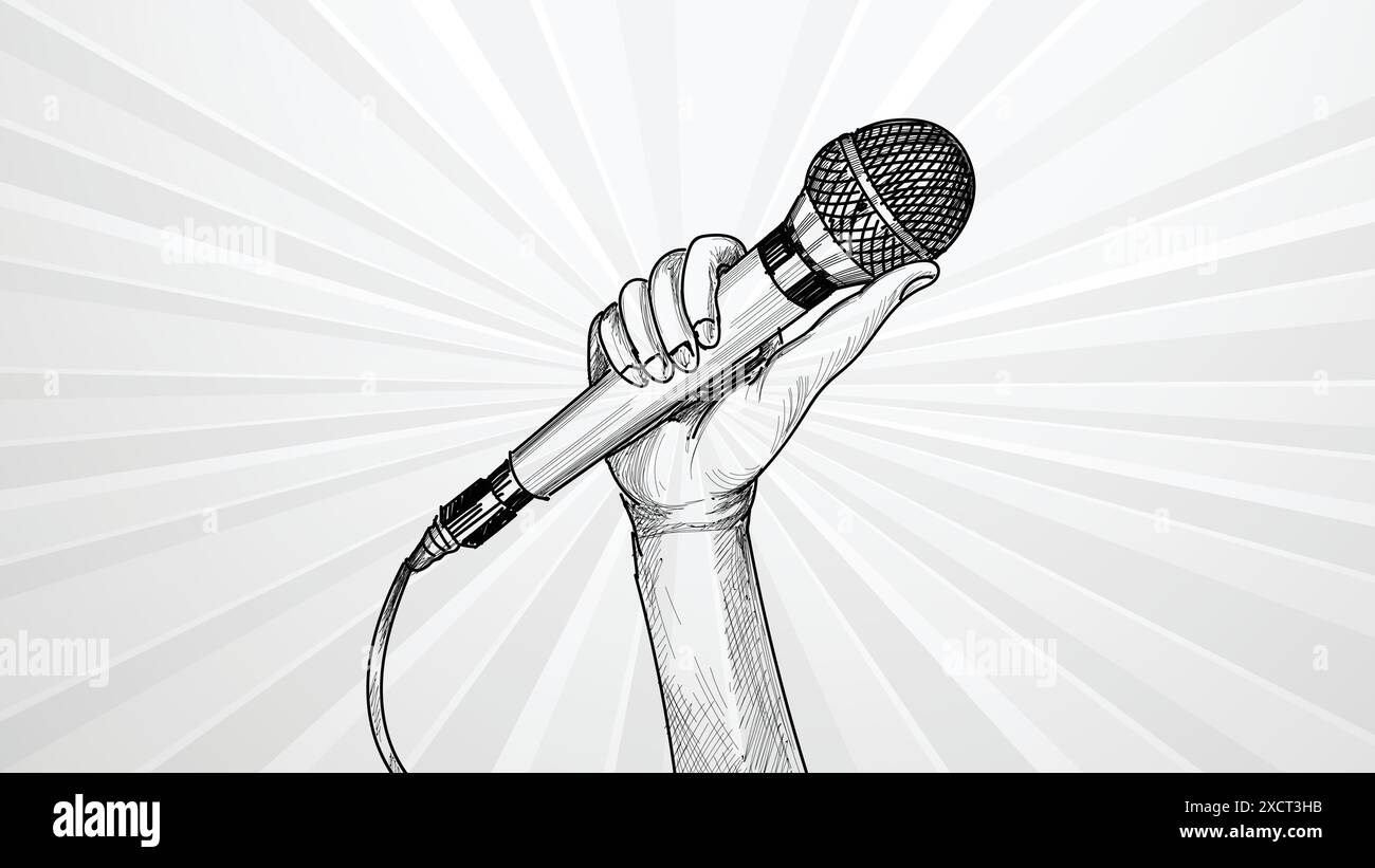 Main avec fond de croquis de microphone Illustration de Vecteur