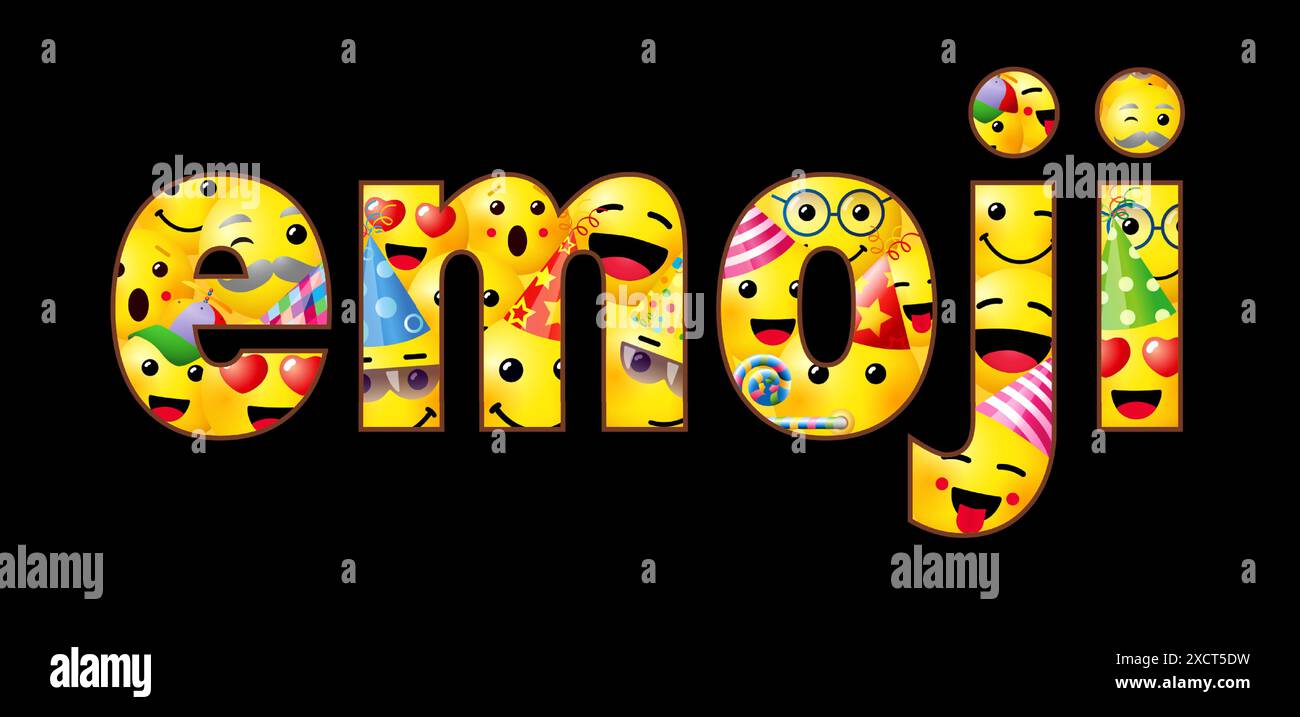 Mot créatif Emoji. Motif slogan avec visages jaunes 3D et masque de coupe. Bannière de réseau social. Joyeux emoji day congrats concept. Ensemble de isolé Illustration de Vecteur