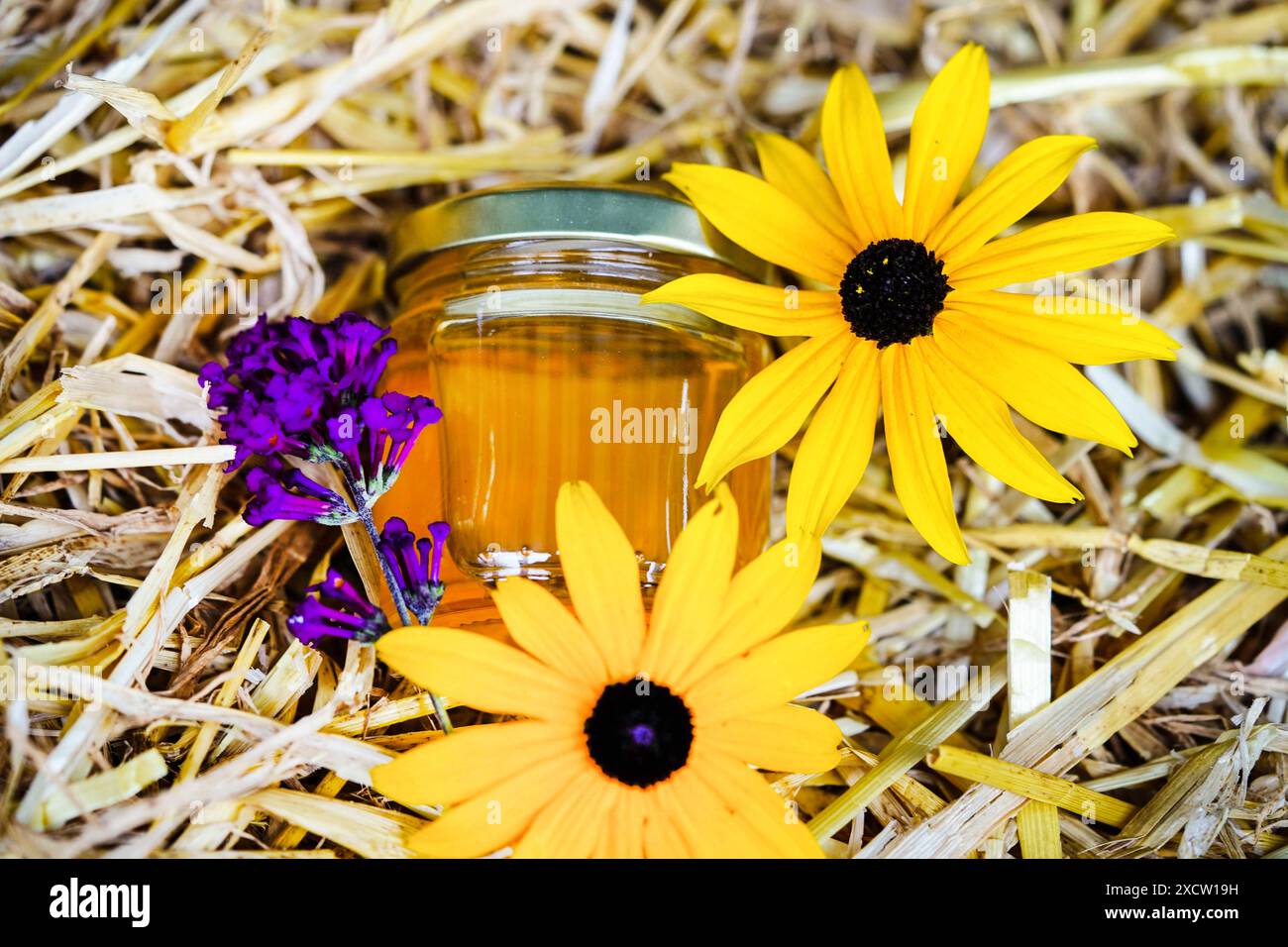 Pot de miel en paille avec des fleurs de lavande et de rudbeckia Banque D'Images