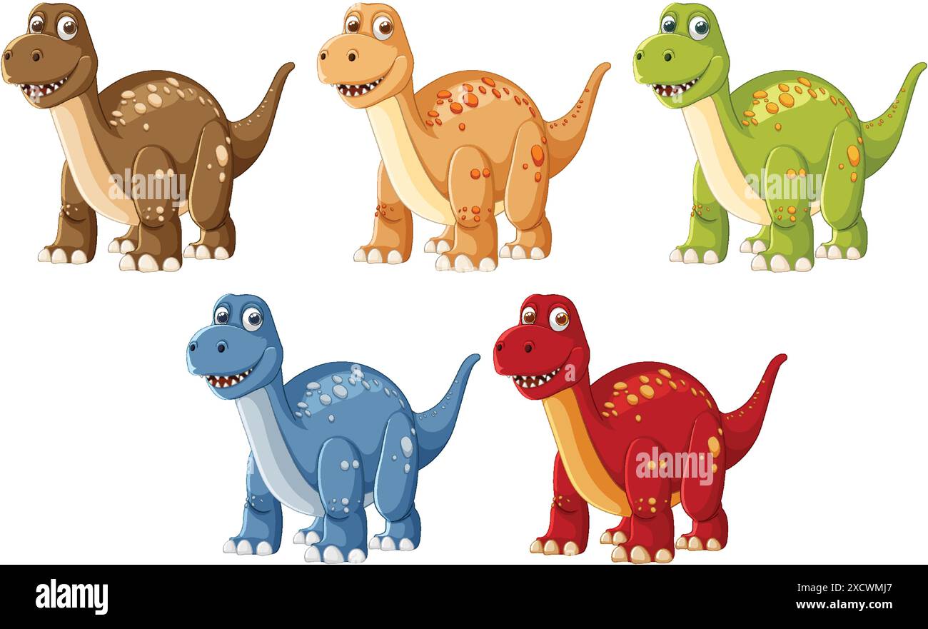 Cinq dinosaures mignons de différentes couleurs Illustration de Vecteur