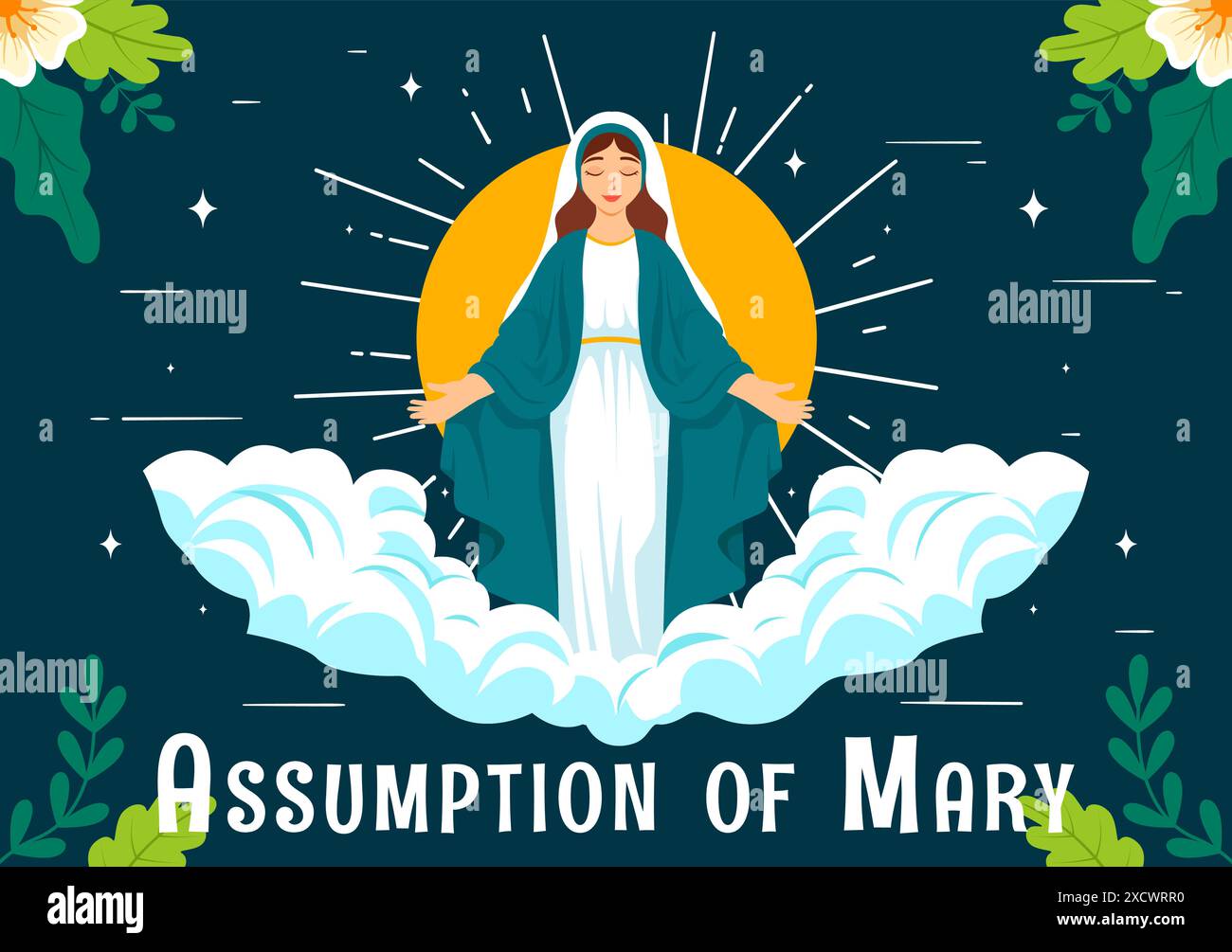 Assomption de Marie Christian illustration vectorielle mettant en vedette la Fête de la Bienheureuse Vierge avec des colombes et des anges dans le ciel dans un fond plat Illustration de Vecteur