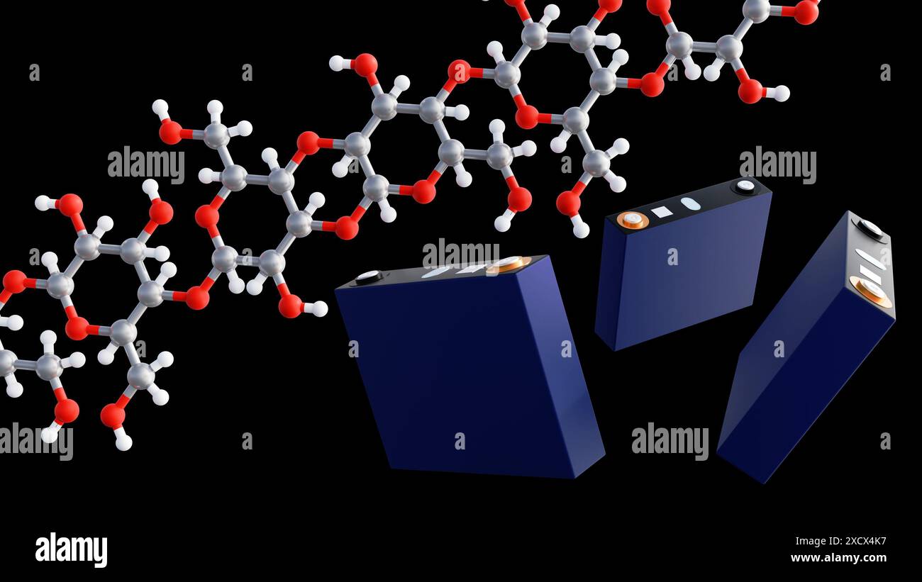 Rendu 3d de la batterie prismatique, de la batterie rectangulaire lithium ion phosphate LFP et des molécules de maltodextrine comme symbole de la biobatterie en utilisant le sucre t Banque D'Images