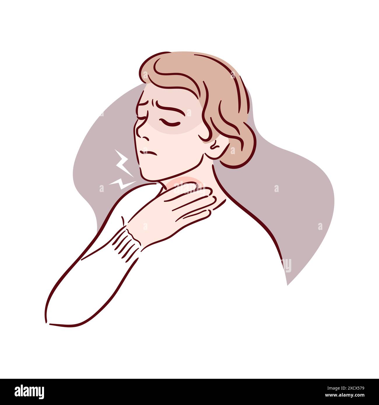 Une femme tient sa main sur son mal de gorge. Irritation, douleur. Symptômes de grippe, cancer ou maladie thyroïdienne, problèmes de santé. Brochure médicale templat Illustration de Vecteur