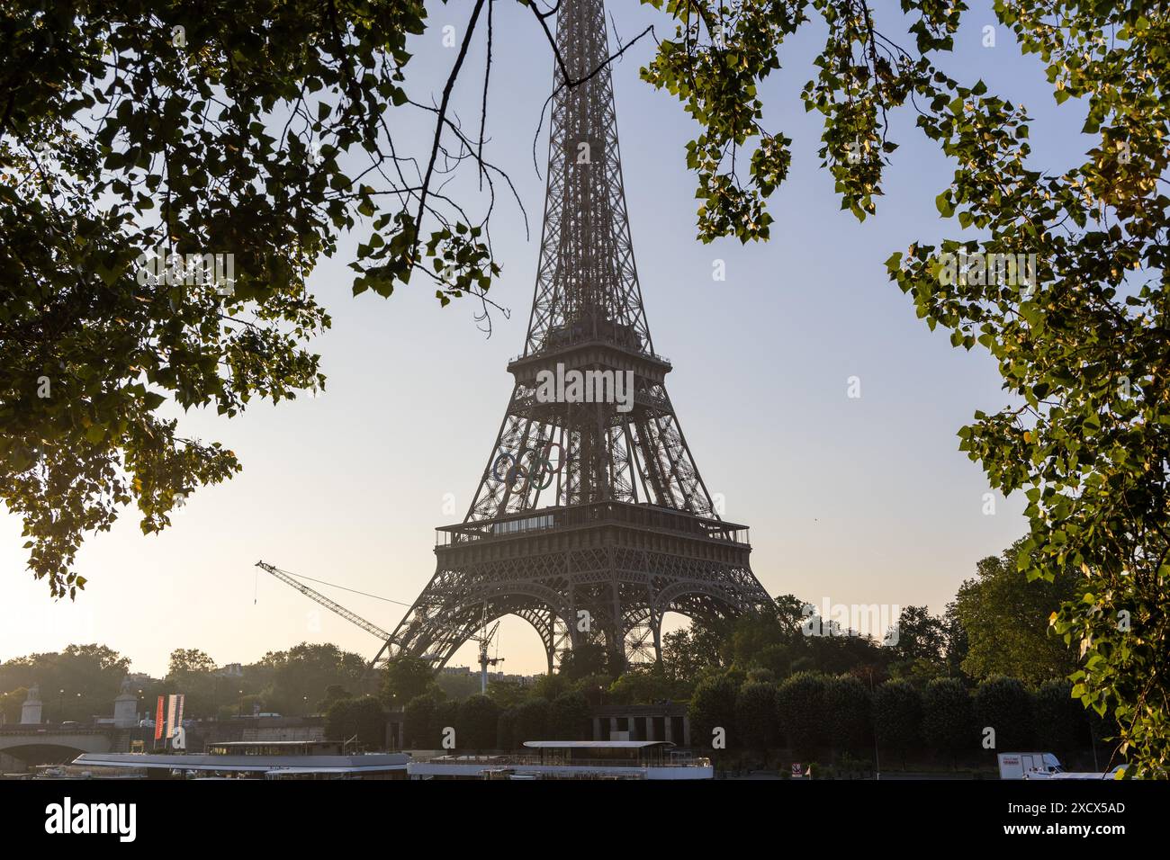 Paris, France - 07 juin 2024 : Tour Eiffel dans la lumière tôt le matin encadrée par des feuilles d'arbres. Logo des Jeux Olympiques monté sur la tour et grue de construction sur Banque D'Images