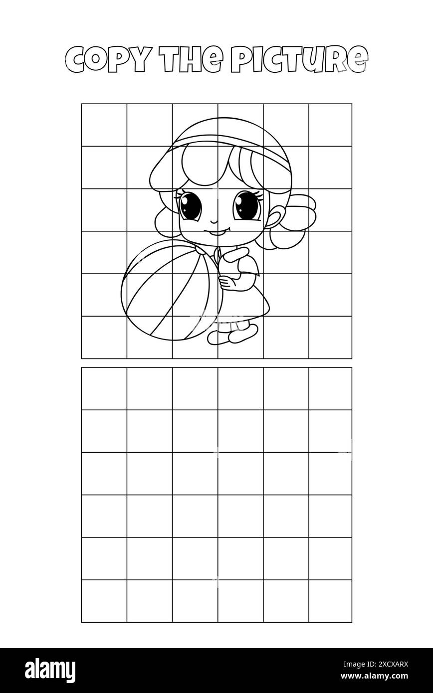 Coloriage pour enfants - complétez le dessin de fille sur la grille, Une activité de créativité pour enfants Illustration de Vecteur