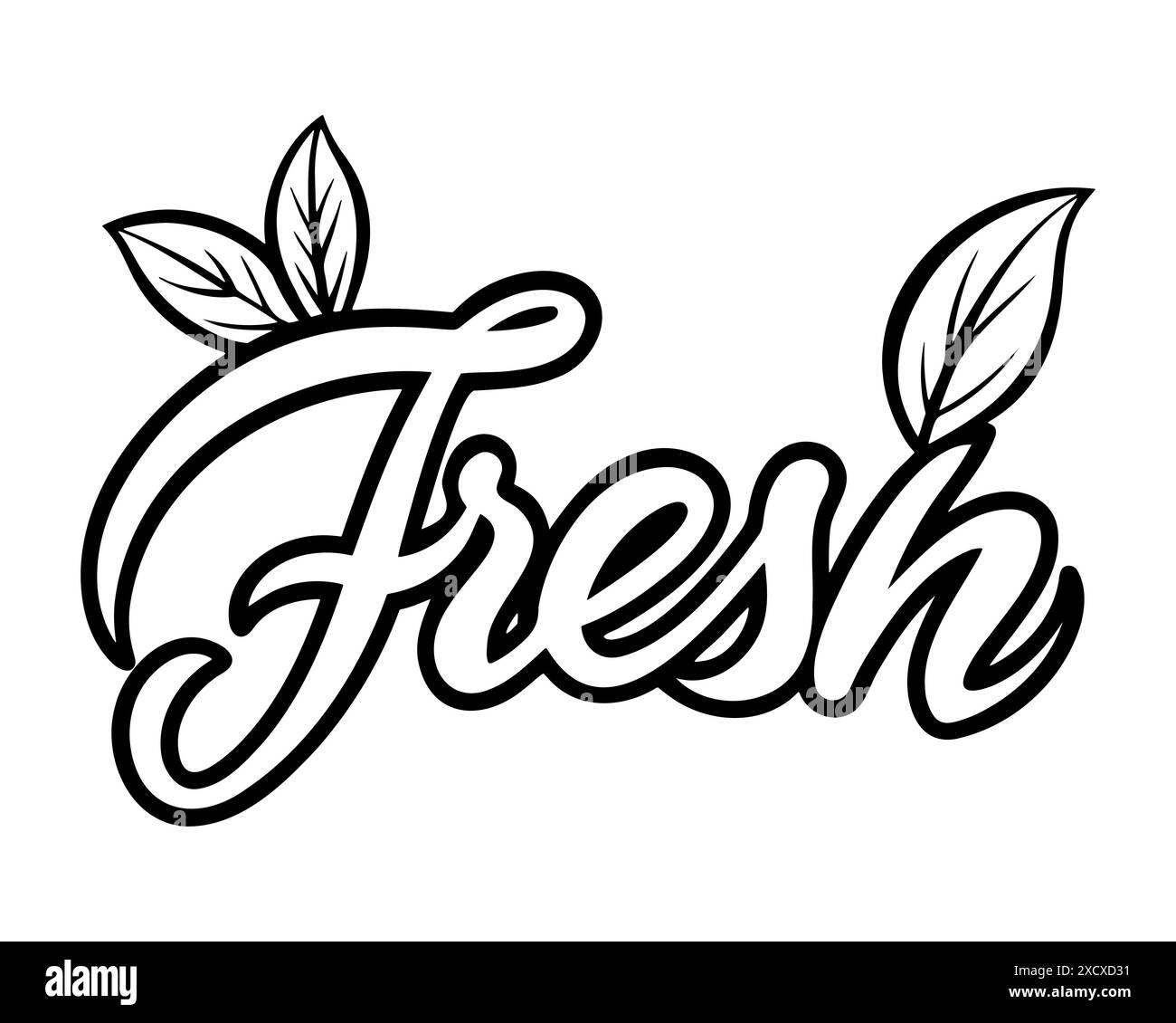 Lettrage contour calligraphique frais avec des feuilles, concept d'alimentation saine, produits bio écologiques, aliments frais, sur fond blanc. Illustration vectorielle Illustration de Vecteur