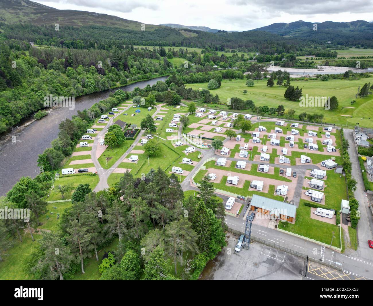 Emplacement de caravane à Ballaer près de la rivière Dee, Aberdeenshire, écosse Banque D'Images