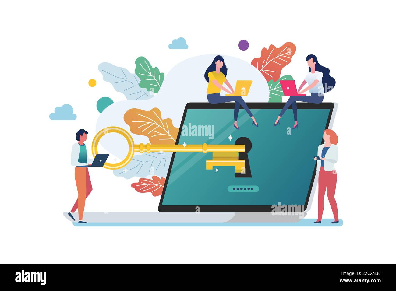 Les gens avec la clé d'or essaient de déverrouiller l'ordinateur portable. ordinateur ransomware malware virus. Illustration vectorielle Illustration de Vecteur