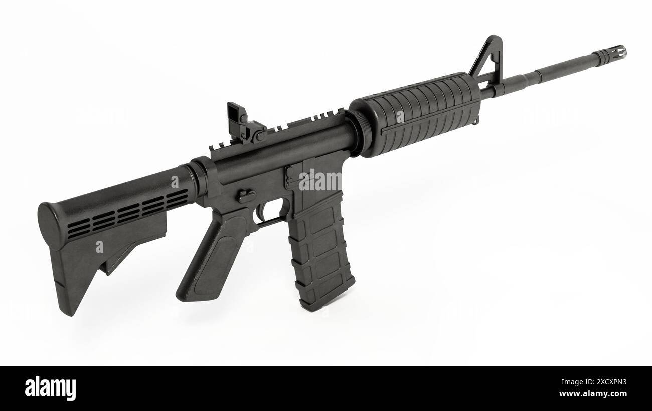 Fusil d'assaut automatique isolé sur fond blanc. Illustration 3D. Banque D'Images